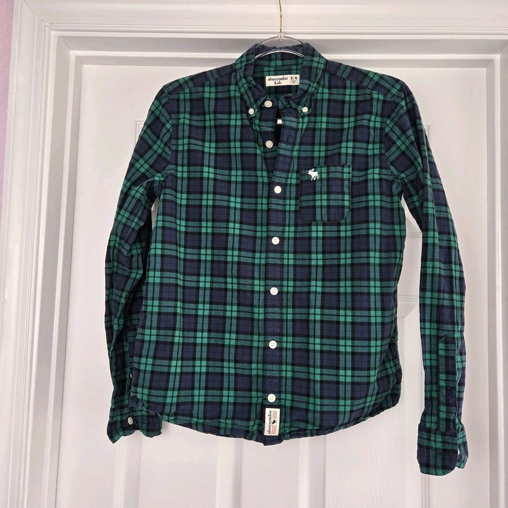 Abercrombie Kids‎ Boys Green Navy Plaid Button Down Long Sleeve Shirt Size 15-16